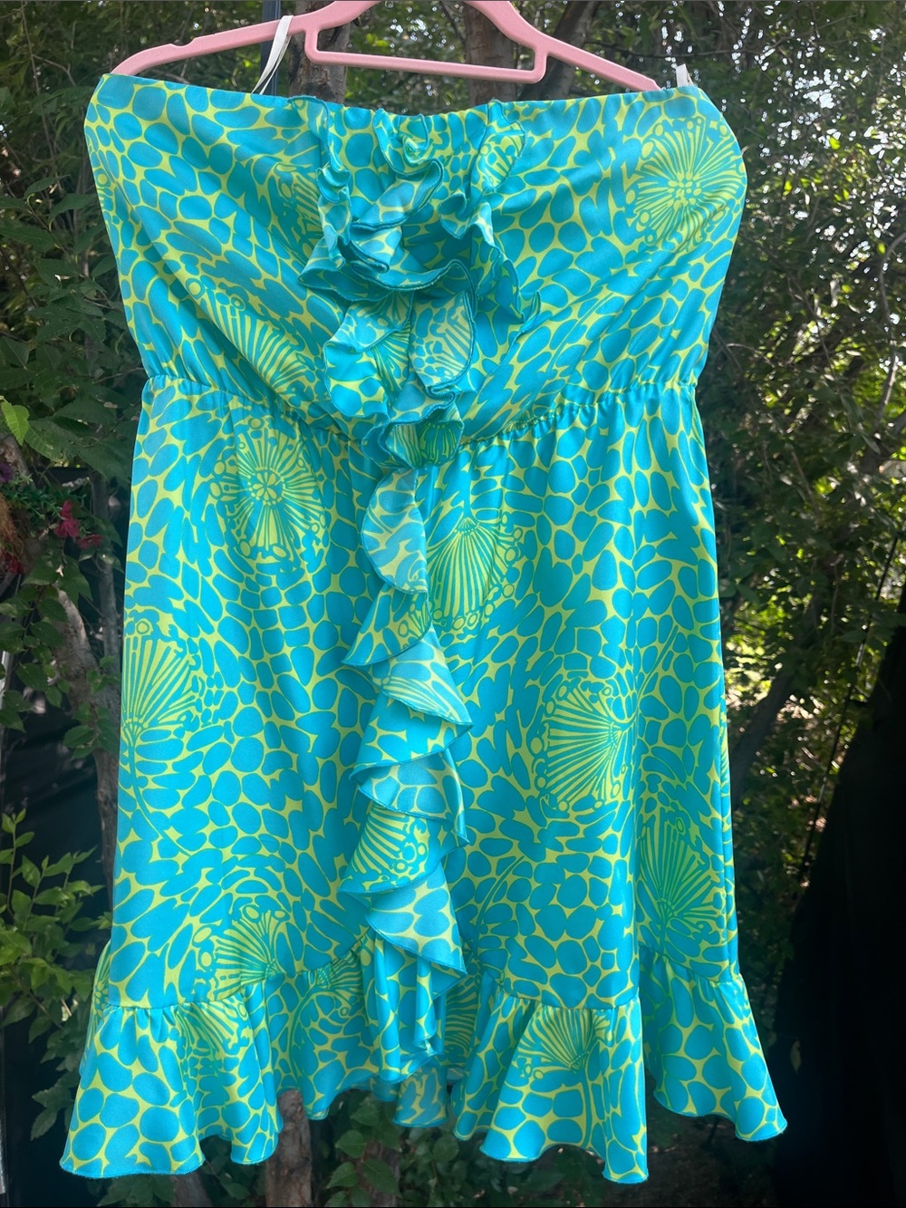 Vibrant Teal & Lime Ruffle Sundress 100% silk!!!!!